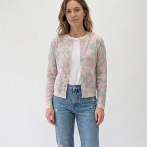 Zara 188/019/330 Floral Cardigan Womens S Gray Long Sleeve Button Crewneck NWOT